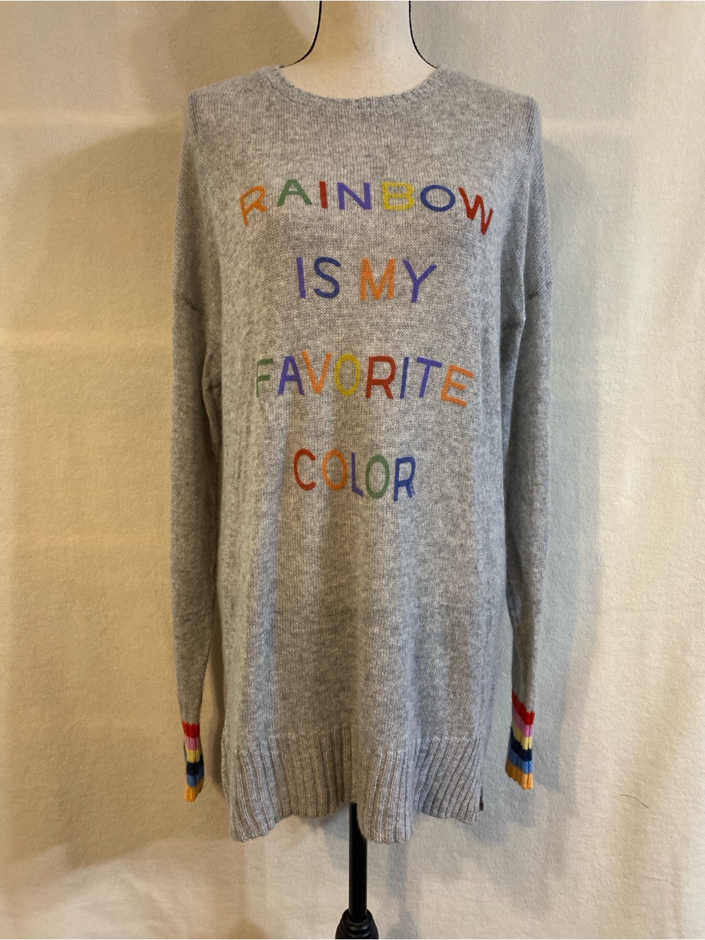 Lauren Moshi 100% Cashmere Grey Rainbow Is My Favorite Color Knit Sweater